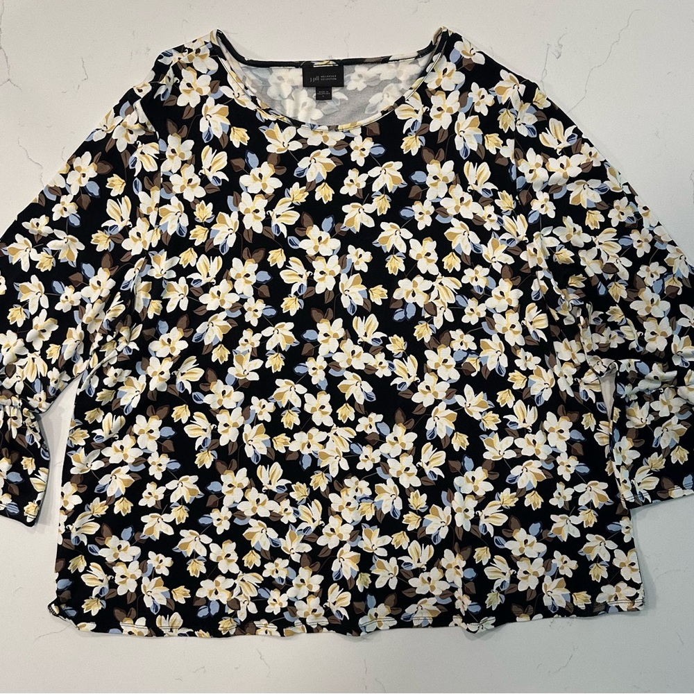 J. Jill Black Floral Blouse with White and Yellow Accents